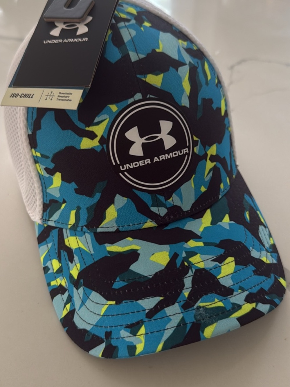Under Armour White Mesh Back Hat with Blue & Yellow Camo Crown